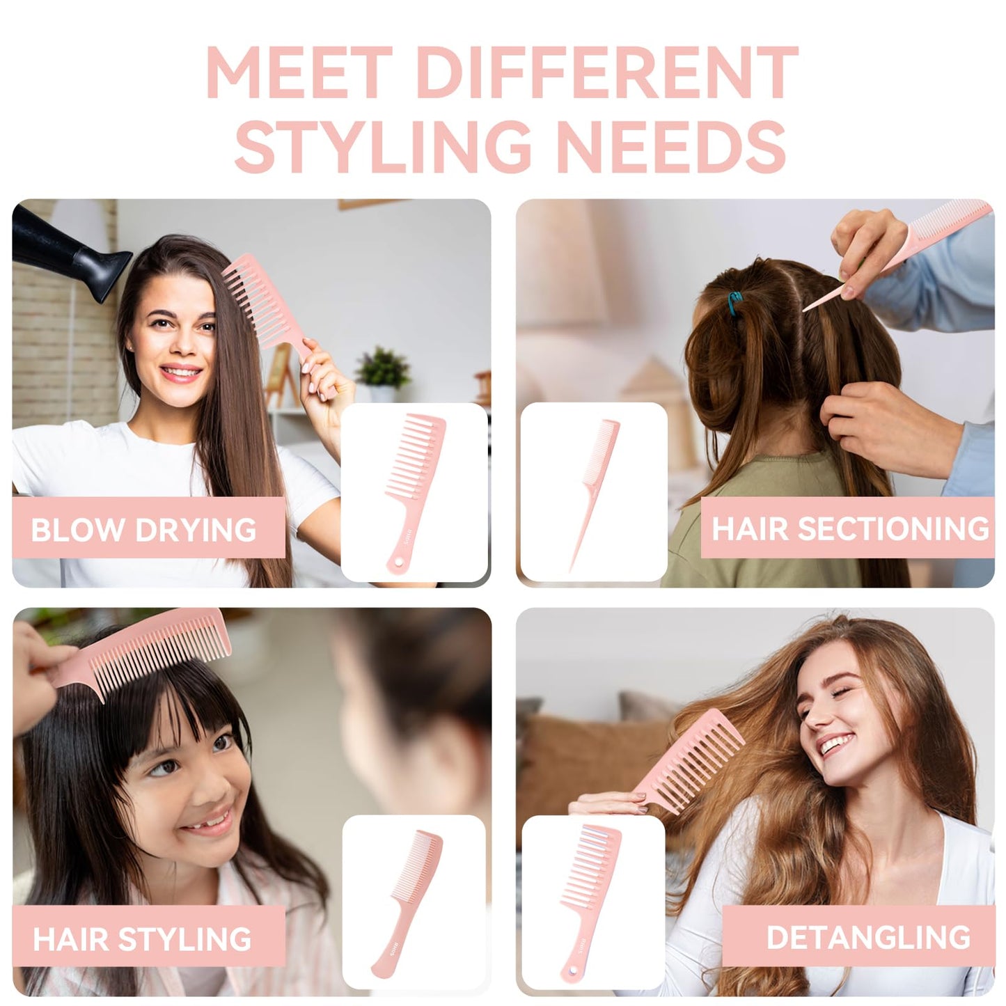 RHOS 3 Pieces Hair Comb Set for Women,Men-Wide Tooth Comb,Fine Tooth Rat Tail Comb,Medium Tooth Comb-Detangling Hair Combs for All Hair Types,Hair Styling Comb Set(Pink)