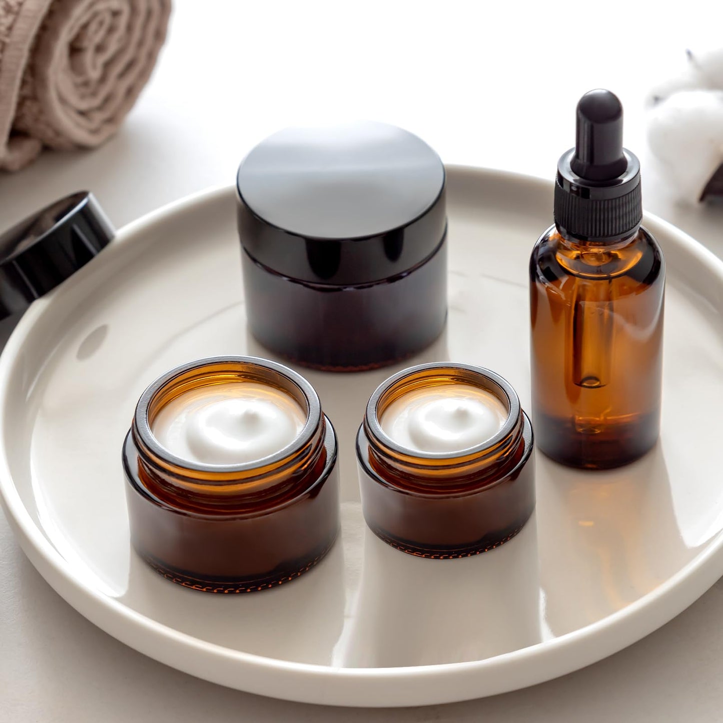 IRON BILL 2 Oz Amber Round Glass Jars with Inner Liners and Gold Lids(12PCS) Empty Cream Containers Refillable Cosmetic Vials for Cosmetics, Lotions, Ointment, Body Scrubs & Balms