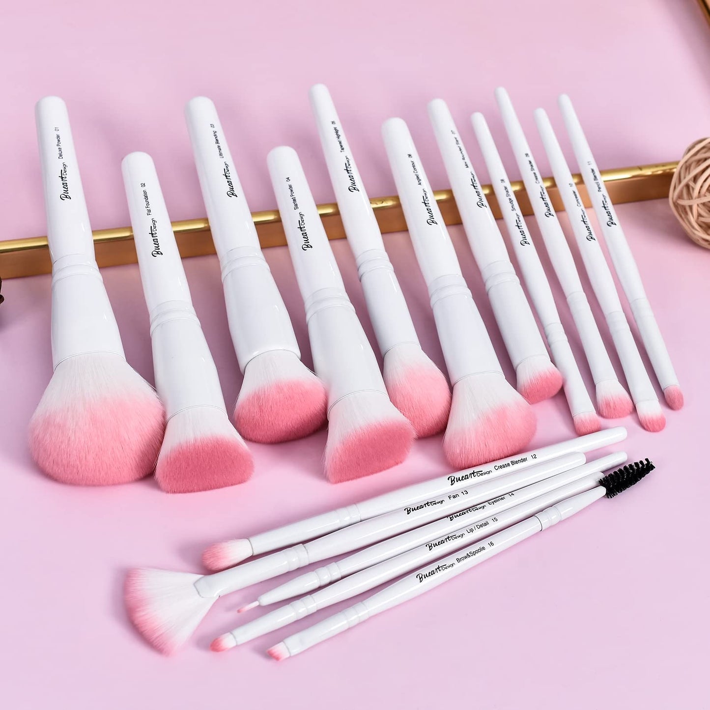 Bueart Design 16Pcs ULTRA SOFT labeled Makeup Brushes set with brush Holder face brush for Foundation Powder Blending Blush wooden Handle(16Pcs White+Pink Holder)