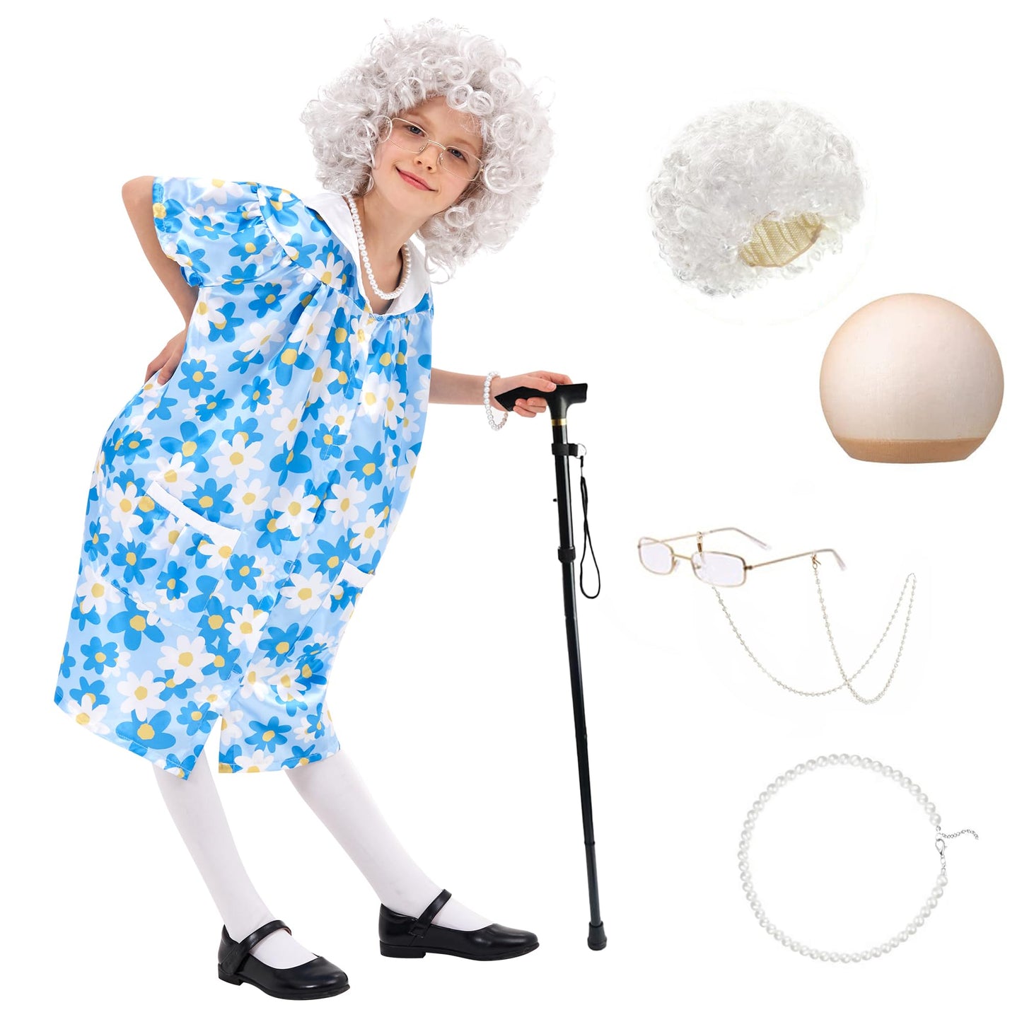 Joy Bang 100 Days of School Costume for Kids Girls, Old Lady Wig for Kids, Old Lady Costume, 100th Day of School Dress Up Cosplay, Pretend to be Grandma Costumes, XL