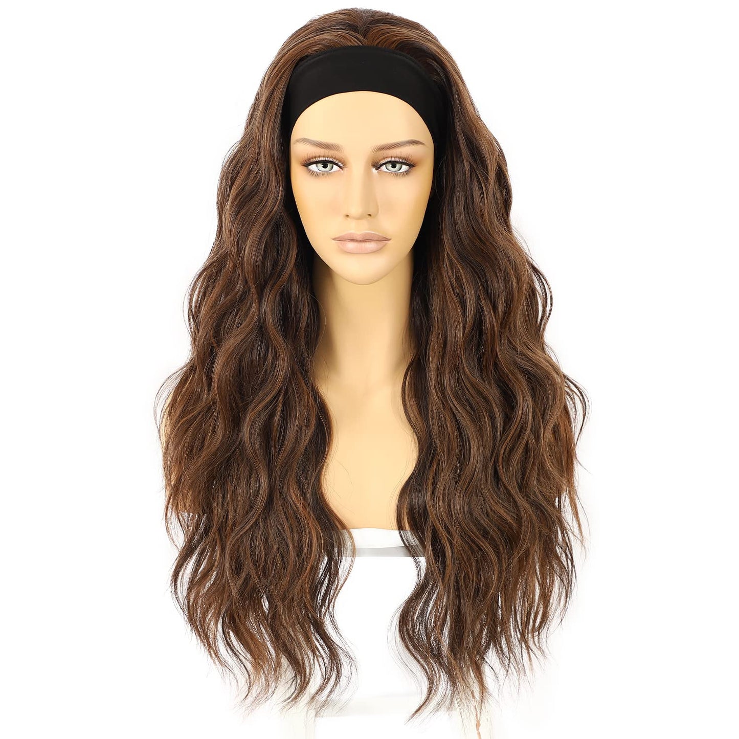 SAPPHIREWIGS Long Headband Wigs for Women Synthetic Headband Wig Natural Brown Highlight Color Loose Body Wavy Glueless Wigs with Headband Attached 150% Density 26 Inch