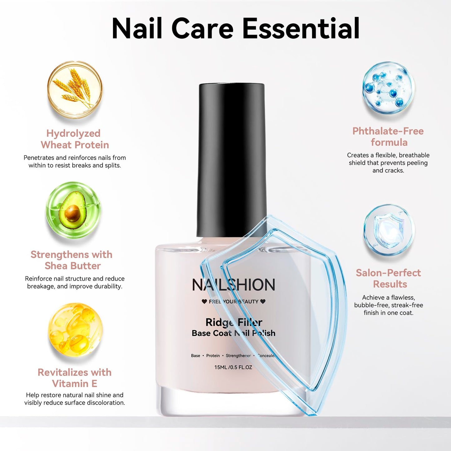 Ridge Filler Base Coat 3-in-1 Nail Strengthener Growth for Damaged Uneven Nails & Ridges, Nourish VE & Protein-Fortifying Leveling Base for Smooth, Flawless Polish | Vegan Cruelty Free