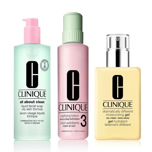 Clinique 3-Step Face Care Set - Liquid Soap, Exfoliating Lotion & Moisturizer for Oily Skin - Jumbo Size