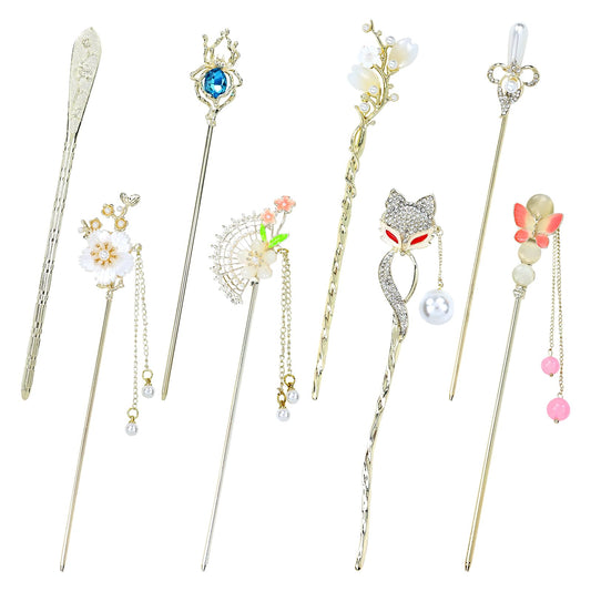 inSowni 8 Pieces Retro Vintage Asian Japanese Chinese Hanfu Rhinestone Gold Metal Flower Hair Sticks with Flower Pearl Crystal Fox Butterfly Hair Pins Forks Chopsticks Bun Updo Holders for Women Girls