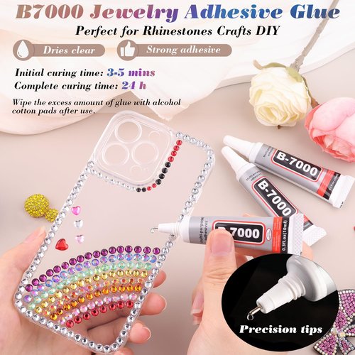 3500 PCS Flatback Rhinestones for Crafting and 2PCS B7000 Glue (Pack 5), 1 Box of 3/4/5mm Colorful Resin Rhinestones Gems Charms for Bedazzling DIY Crafts Fabric Clothing Tumblers Shoes Nail Art