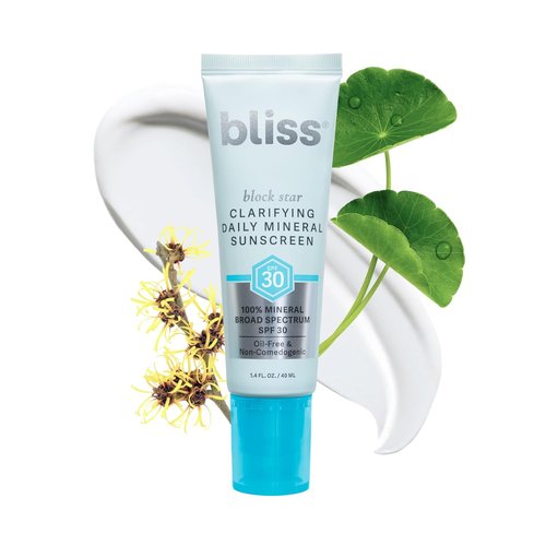 Bliss Block Star Sunscreen - Clarifying Mineral SPF 30 for Blemish-Prone Skin | 1.4 Fl Oz