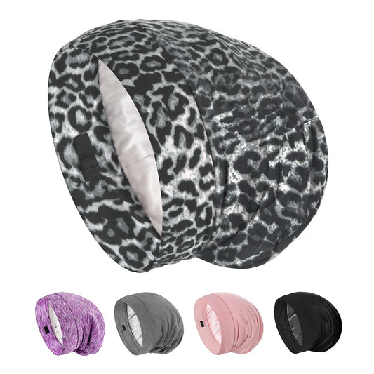 SOLZEK Real Silk Bonnet for Sleeping Hair Wrap Men Women Curly Adjustable Night Cap for Natural Hair Anti Frizz Stay on Double Layer 1Pcs (Leopard)