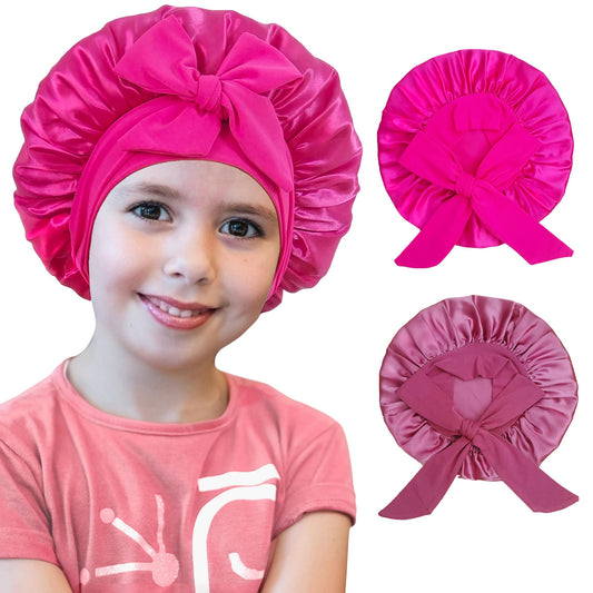 choshion 2 PCS Kids Bonnets for Girls, Silk Bonnet for Kids, Satin Silk Hair Bonnet for Sleeping with Tie Band, Baby Toddler Teens Child Sleep Cap for Curly Hair Braids