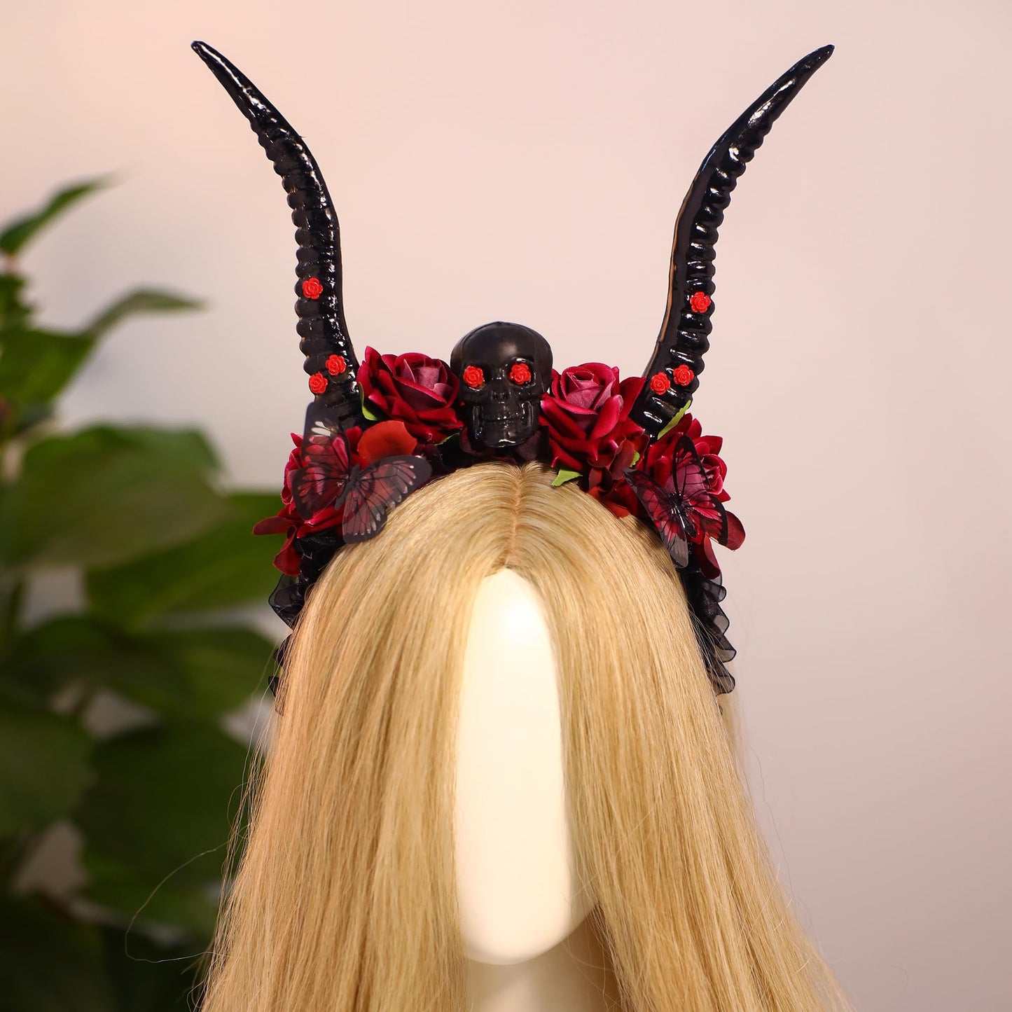 MOSTORY Handmade Black Goat Horns Headband - Gothic Hallween Hairband with Skull Dark Headband with Red Flower for Renaissance Goth Wedding Cosplay Witch Photo Prop