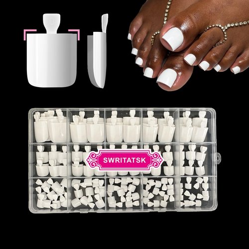 Swritatsk White Toe Nail Press Ons, Press On Toenails for Women, 150pcs White Toe Press On Nails tips, Fake Toenails Acrylic Toe Nail Tips Short Square False Toenails Artificial DIY 15 Sizes