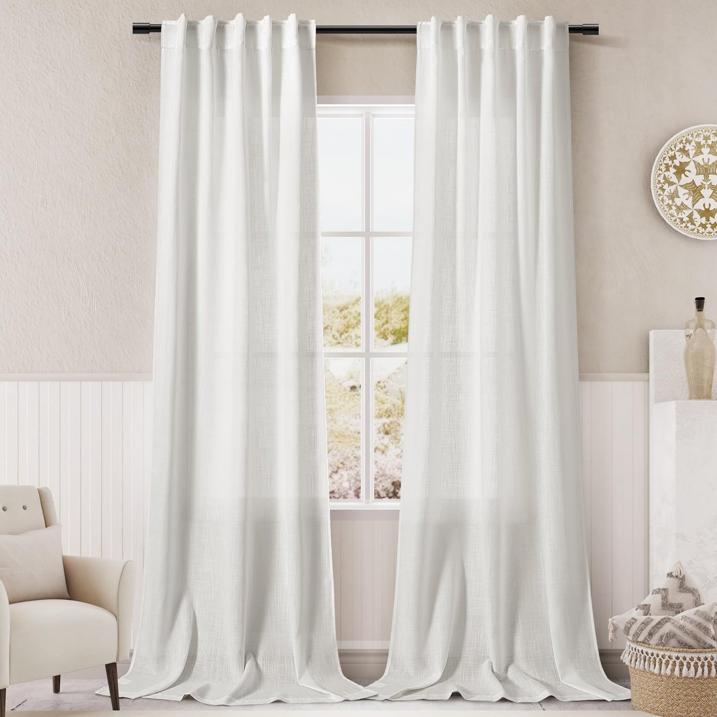 Nanspring Natural Linen Curtains for Kitchen Windows Over Sink - Cafe Curtain Semi Sheer with Rod Pocket and Back Tab Lightweight Rustic Textured Bistro Curtains for Bathroom, 2 Panels 25 x 24 Inch