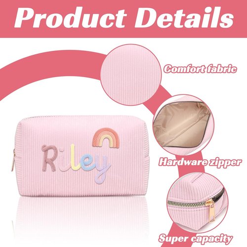 KAINSY Personalized Corduroy Makeup Bag - Custom Name & Pattern Design, Small Travel Pouch | Perfect Gift for Her