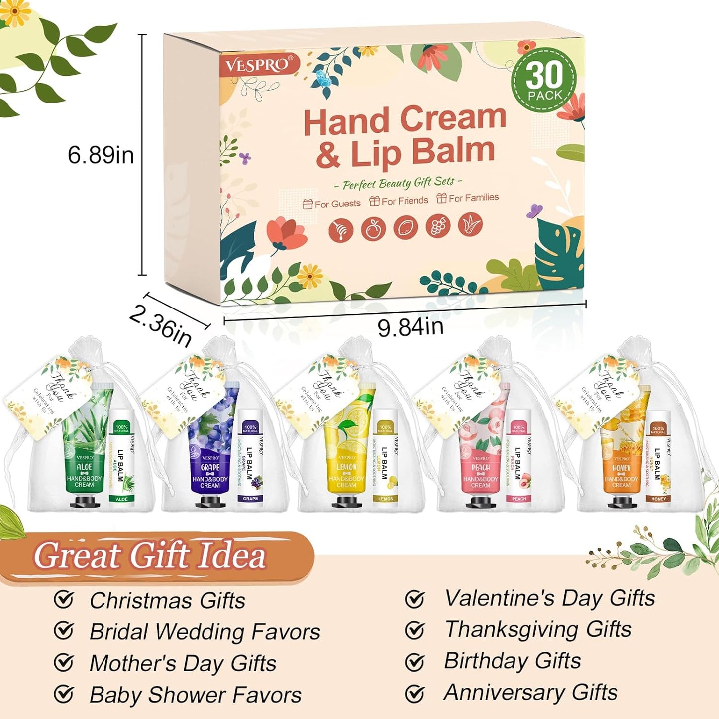 VESPRO Hand Cream & Lip Balm Set - 30 Pack with Thank You Cards & Organza Bags | Perfect for Mother's Day, Weddings & Gifts