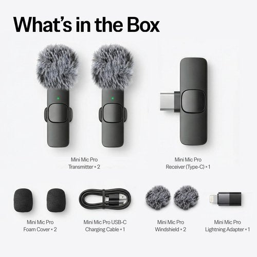 Mini Mic Pro (Latest Model) - Wireless Mini Microphone for iPhone, iPad, Android - 2 Pack Lavalier Microphone for Video Recording - iPhone Mic Crystal Clear Recording with USB-C for Content Creators