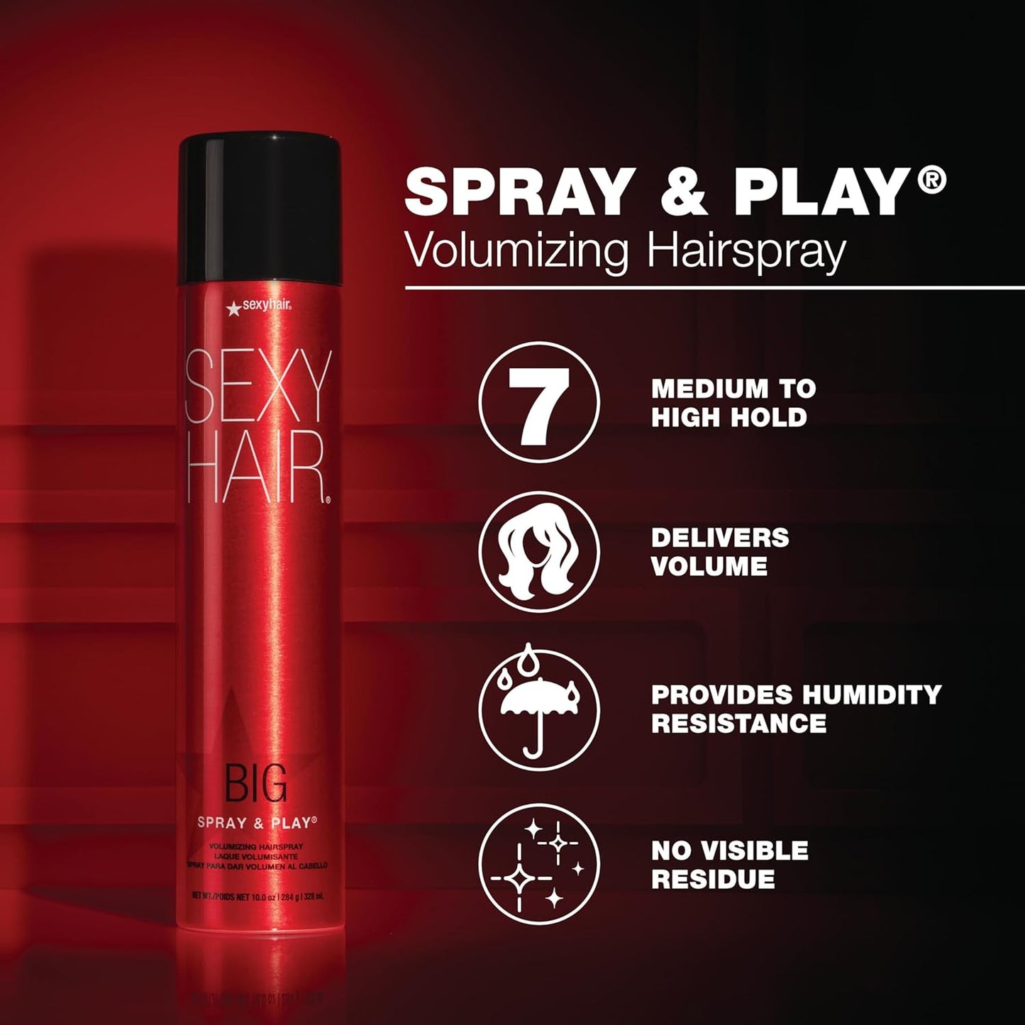 SexyHair Big Spray & Play Volumizing Hairspray - Humidity Resistant Hold & Shine for All Hair Types
