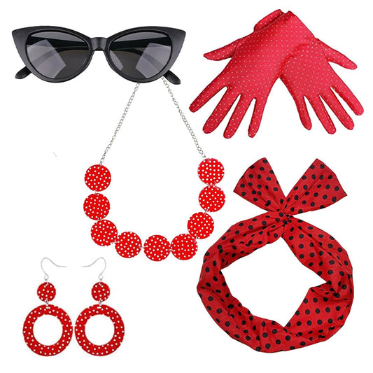 BXT 1950s Women Costume Accessory Set - 50s Vintage Polka Dot Jewelry, Gloves, Hairband, Scarf, Glasses for Halloween