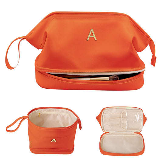 Vogewood Gifts for Women, Initial Large Makeup Bag, Travel Essentials, Personalized Double Layer Cosmetic Bag with Makeup Brush Organizer, PU Leather Travel Toiletry Bag, Gifts for Friends Female Mom