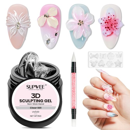 SUPWEE 3D Gel for Nail Art, Clear Sculpting Solid Hard Gel for Nails Non-Sticky for Carving Building Extension with Nail Art Pen Home DIY Manicure