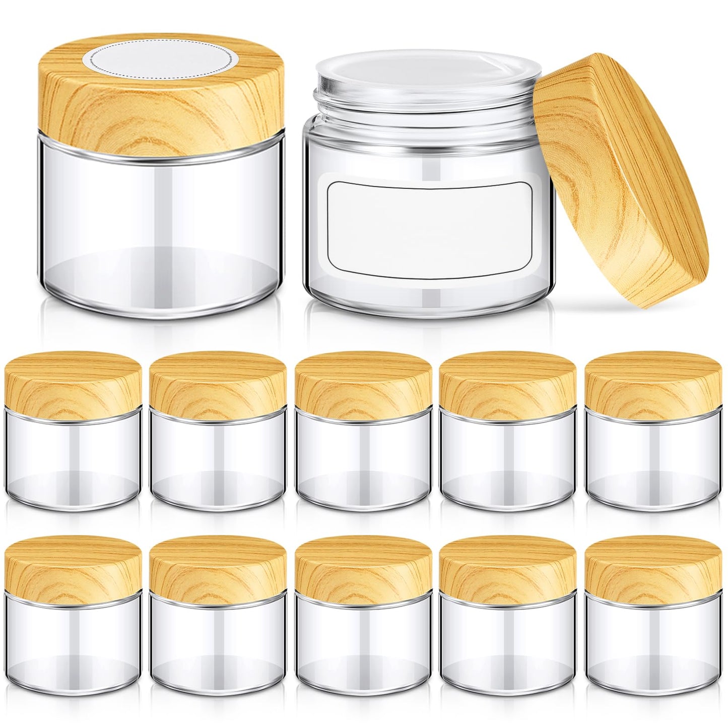 Layhit 12 Pcs Glass Jars with Lids Clear Small Jars with Plastic Woodgrain Lids, White Labels and Inner Liners Empty Round Cosmetic Containers for Creams Lotions Powder Ointments Candle Making (2 oz)