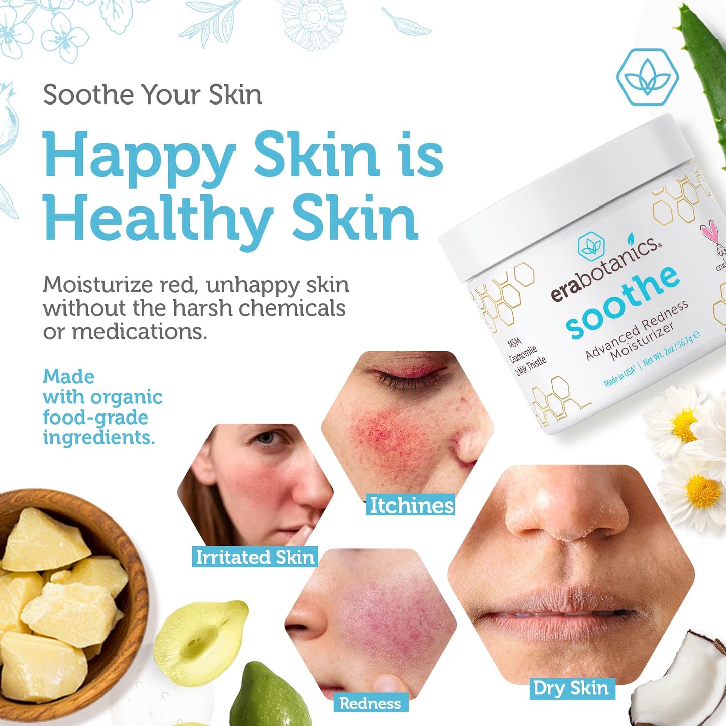 Era Organics Redness Relief Cream - Soothing Moisturizer with Manuka Honey & Chamomile | Made in USA