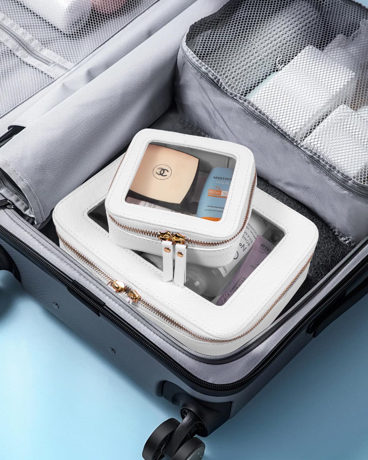 LETGO Clear Makeup Bags Set - TSA Approved Toiletry Bag with Handle Large Opening, Clear Toiletry Bags Case Pouch for Traveling Travel Car Orangizer Storage Essentials (Mini+Large White)