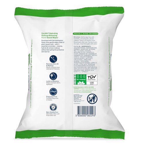 CeraVe Makeup Remover Wipes - Biodegradable Plant-Based Face Wipes for Sensitive Skin | 25ct