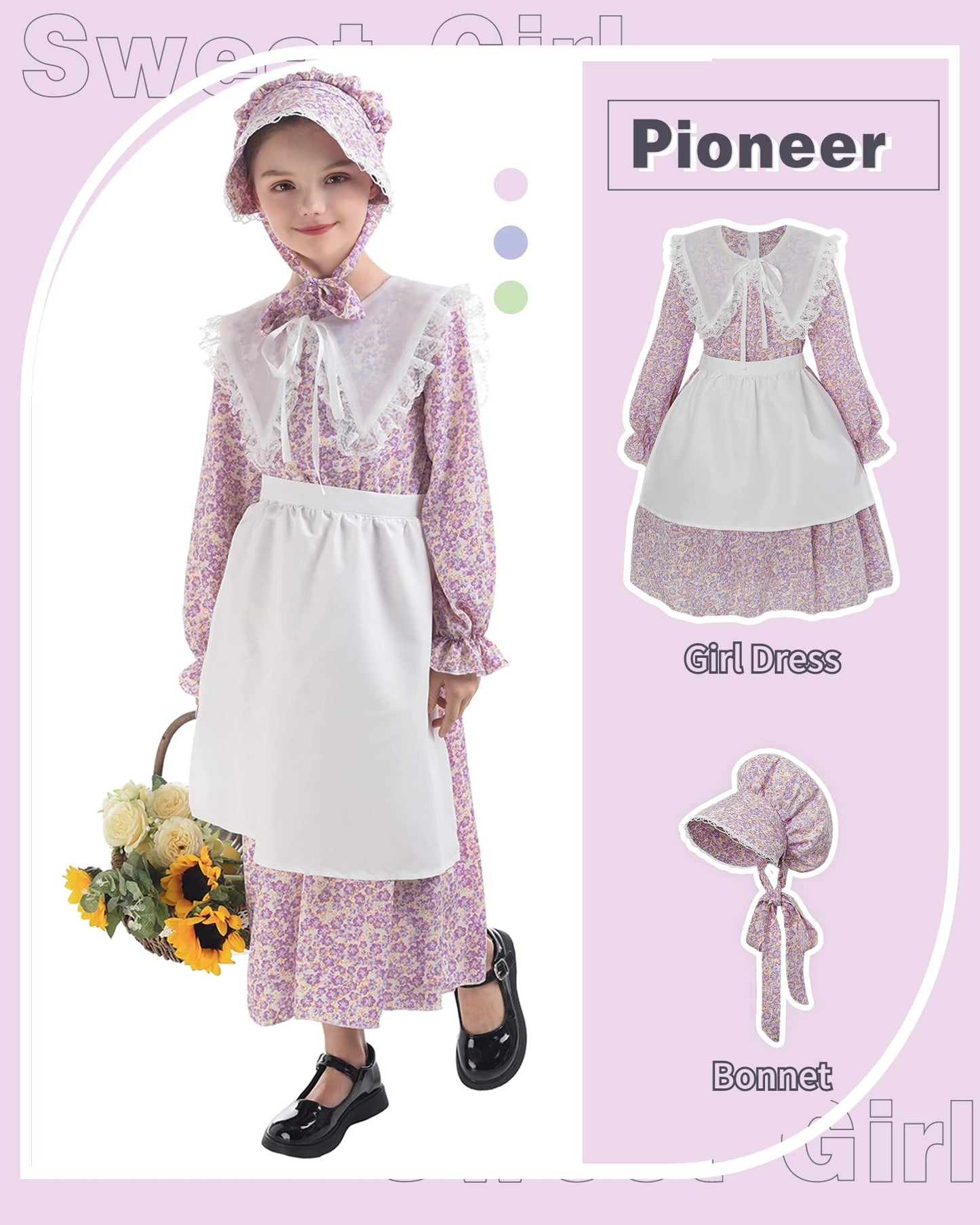 NSPSTT Colonial Costume Girls Prairie Dress Long Sleeve Pioneer Dresses for Girls Pioneer Bonnets Girl, Purple, S age over 4 years old