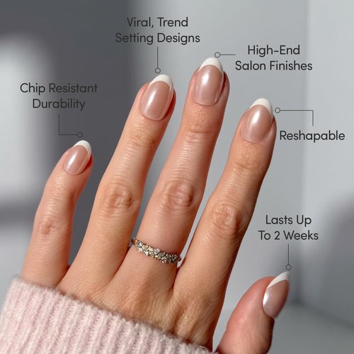 Glamnetic Press On Nails - Short Oval Fake Nails, White French Tip Nails, Pearlfect | 15 Sizes - 30 Nail Kit with Glue | Gift for Mom