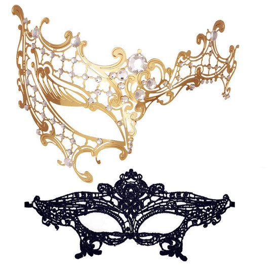 MYMENU Masquerade Mask for Women Shiny Rhinestone Venetian Party Prom Ball Metal Mask (Half Face Gold)