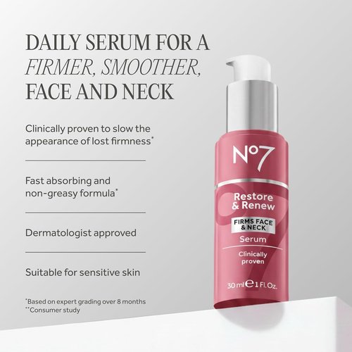 No7 Restore & Renew Multi-Action Face & Neck Serum - Anti-Aging Collagen Infused Formula | 1 fl oz
