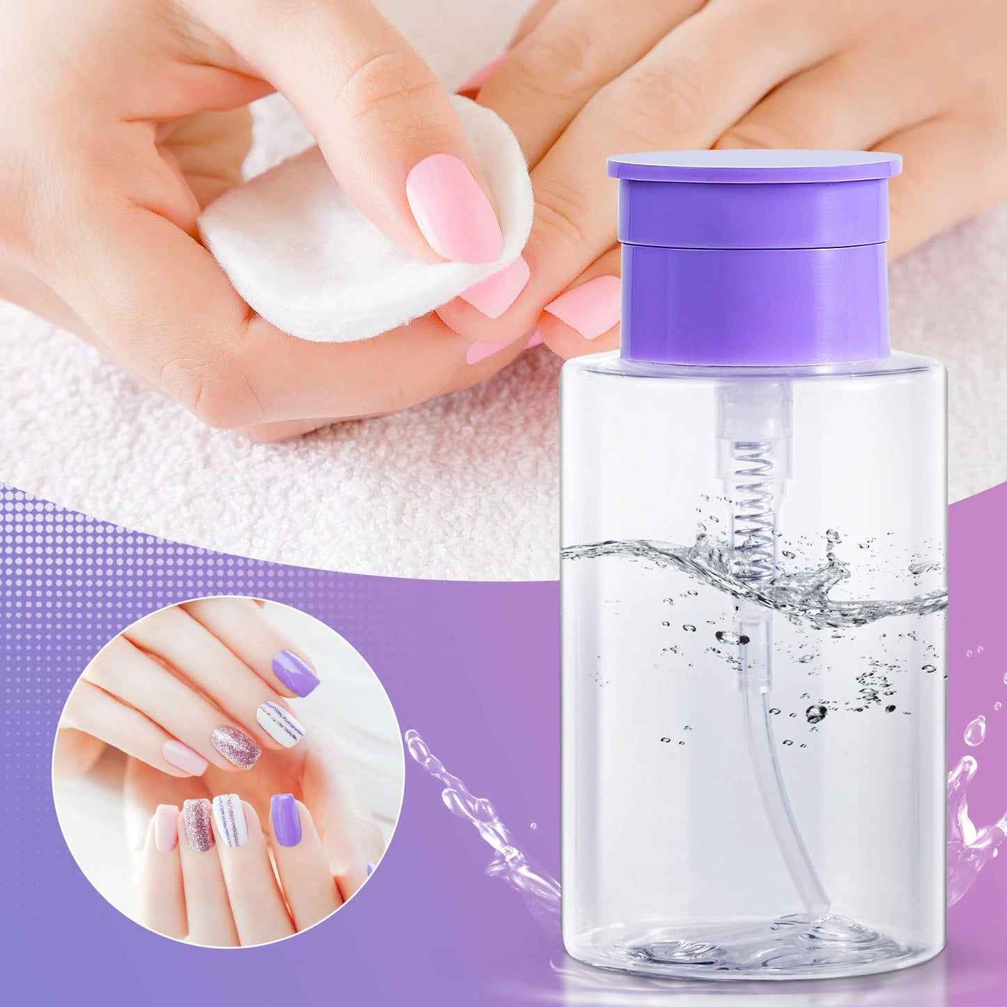 Push Down Pump Dispenser Bottles: Refillable Liquid Containers for Alcohol, Nail Polish Makeup Remover, Salon, Hospital, Travel Use, Purple+Clear