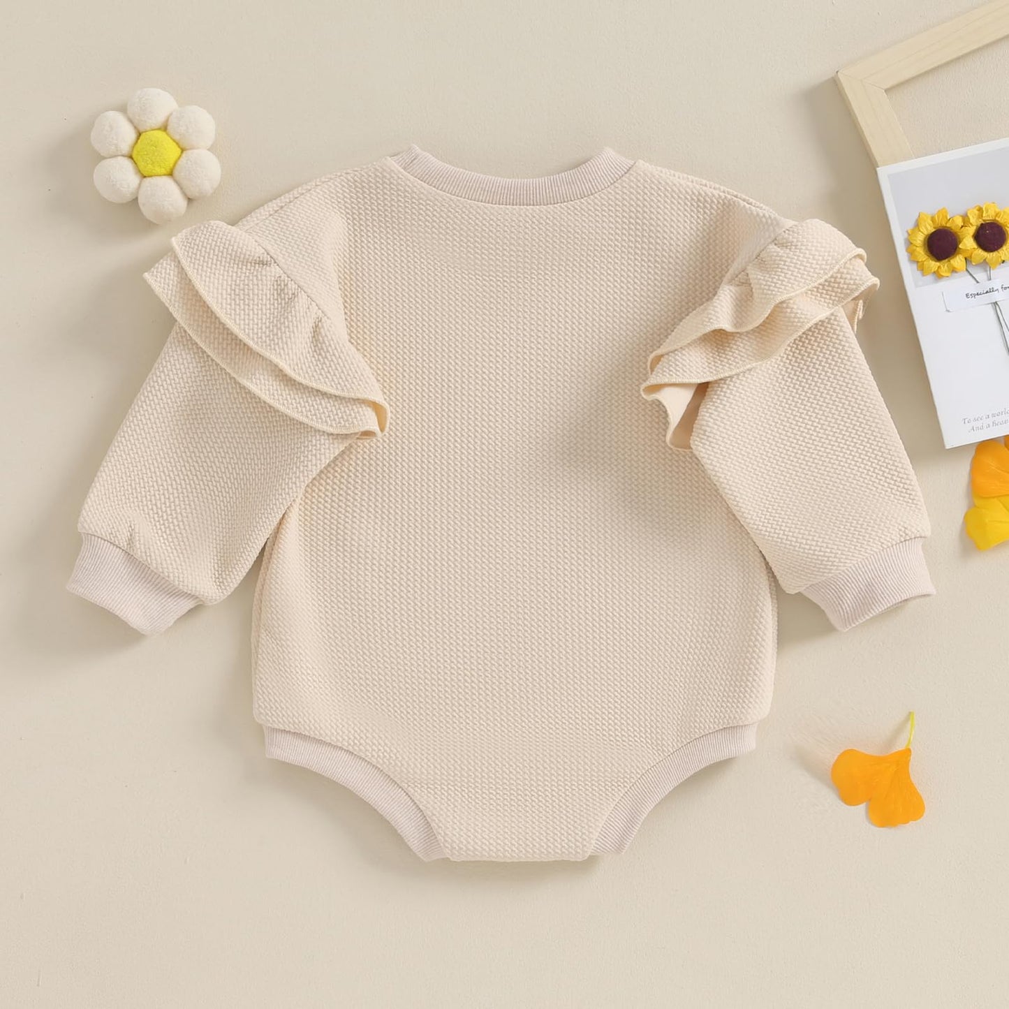 DOSYZTO Newborn Baby Girl Solid Romper Sweatshirt Ruffle Long Sleeve Bodysuit Outfit Infant Fall Clothing (Ruffled Sleeve Beige,12-18 Months)