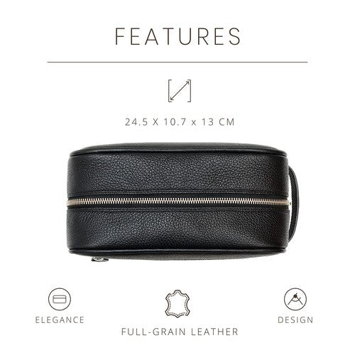 Maruse Italian Leather Toiletry Bag - Handmade Travel Organizer with 2 Zippered Closures | Black