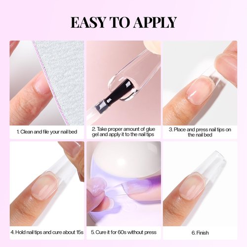 Morovan 5 in 1 Nail Glue Gel for Nail Tips: Clear Acrylic Nails Base Gel Nail Glue Easy Application Long Lasting Clear Glossy No Wipe Nail Repair Treatment