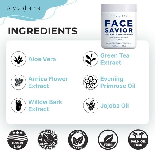 Ayadara Acne Facial Moisturizer - Advanced Oil Control Cream for Oily Skin | 2 Fl Oz Hydrating Formula