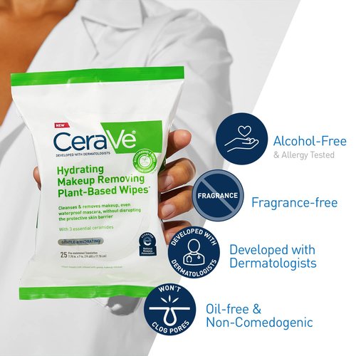 CeraVe Makeup Remover Wipes - Biodegradable Plant-Based Face Wipes for Sensitive Skin | 25ct