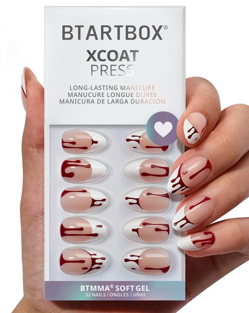 BTArtbox French Tips Press On Nails - Blood Drip, Bloody Short Almond Halloween Press On Nails with Glue for Women, Soft Gel Glue On Nails in 16 Sizes - 32 Stick On Nails Kit