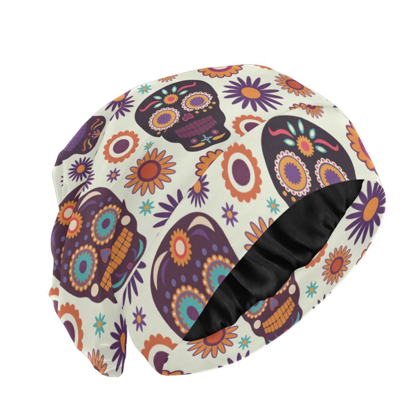 ElliTarr Satin Bonnet Lined Sleep Cap Hair Wrap Cover Slouchy Beanie for Curly Hair Protection for Gifts for Men Women Cute Skull Halloween