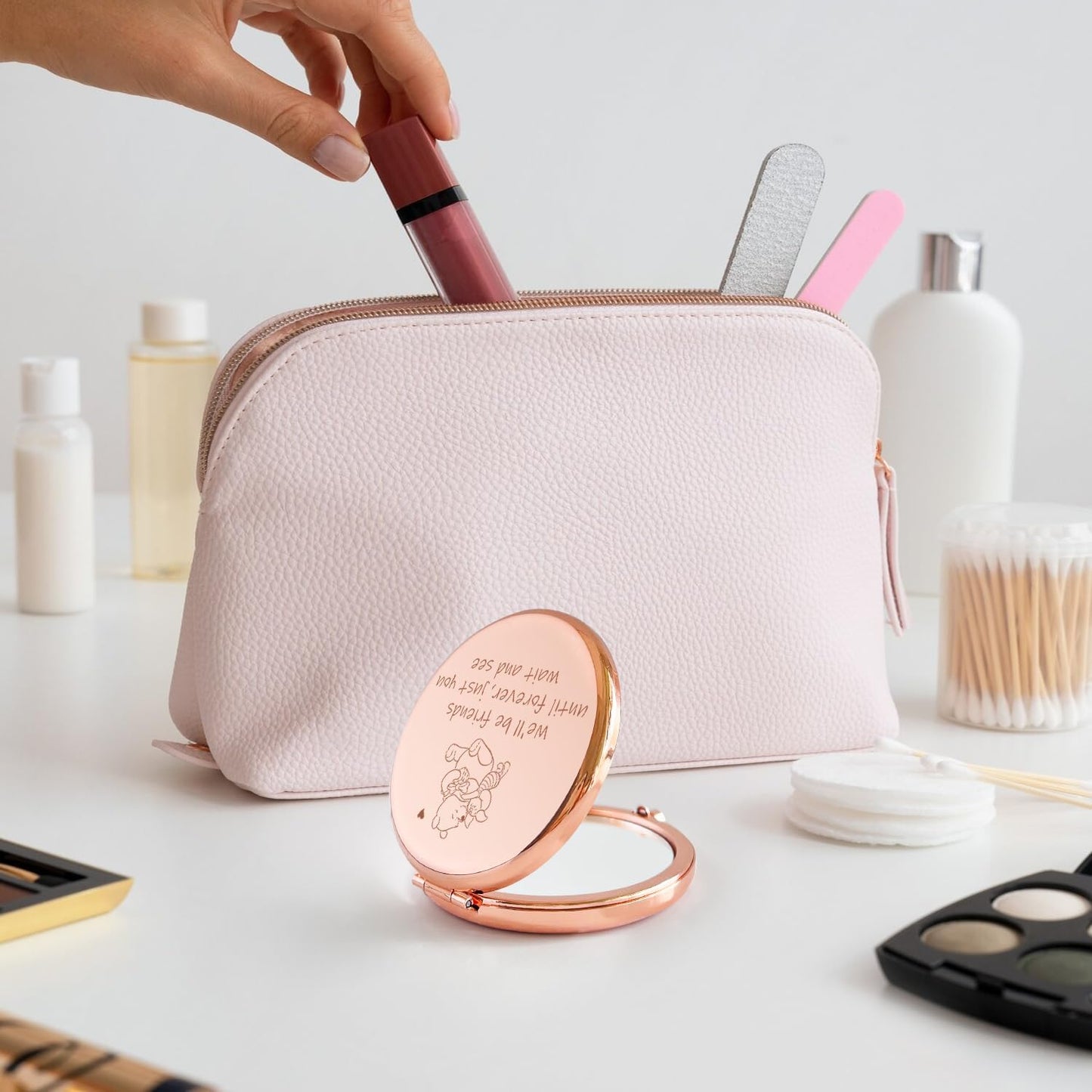 Winnie Compact Makeup Mirror - Engraved "We'll Be Friends Until Forever" - Perfect Gift for Sisters & Friends