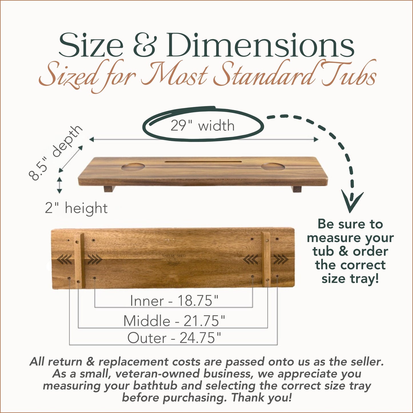 Premium Nature Shed Bathtub Tray for Standard Tubs | Solid Acacia Wood Luxury Bath Tray for Tub | Anti-Tip, Non-Toxic, Sustainable, Adjustable Bathtub Caddy | Bathroom Accessories Holders for Tub Tray