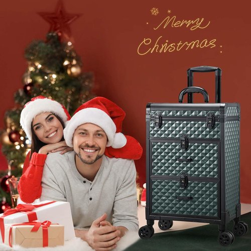 Adazzo Professional Rolling Makeup Train Case with Drawers, Makeup Case on Wheels, Nail Tech Rolling Cart Storage Organizer Trolley Make up Case for Travel Makeup/Nail Art/Hair Styling, Dark Green