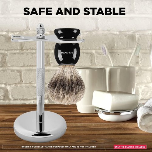 Perfecto Deluxe Chrome Razor and Shaving Brush Stand — Safety Razor Holder with Weighted Base, Fits 1" Brush & ½ Razor Openings, Prolongs Brush Life