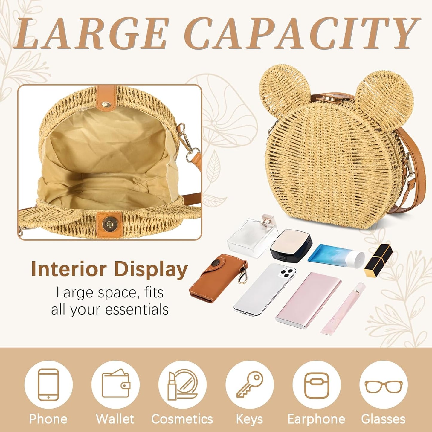 Skiennix Round Rattan Straw Bag - Handmade Wicker Purse with Cute Mouse Ears | Crossbody Shoulder Bag