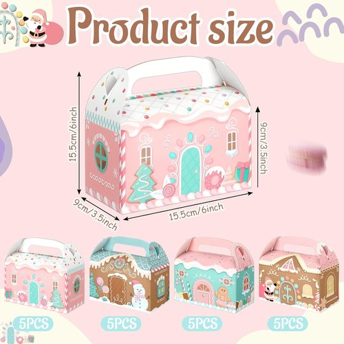 Regine Switzerland 20 Pcs Pink Christmas Treat Boxes - 3D Gingerbread House Design for Cookies & Snacks