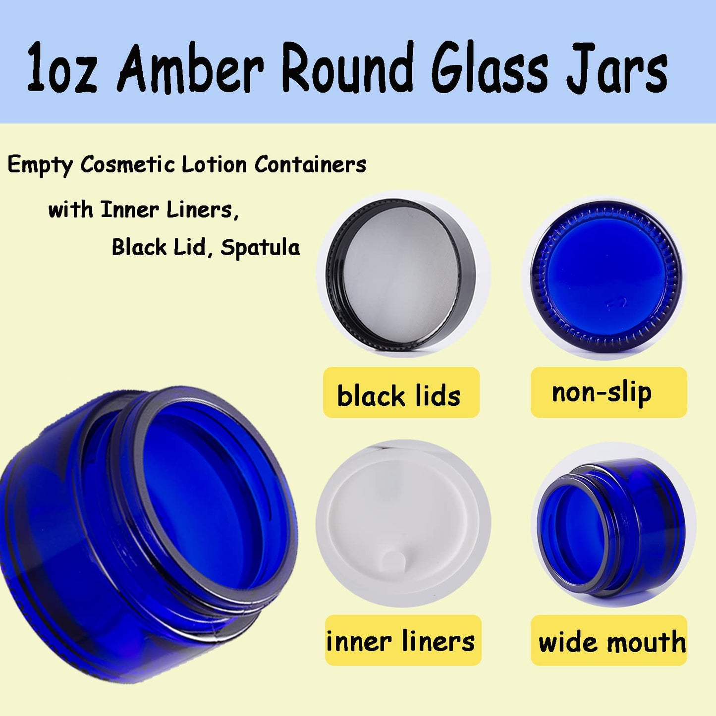 Over News 1 oz Glass Container Jar with Lid, Small Empty Cosmetic Round for Cream, Lotion (Blue)