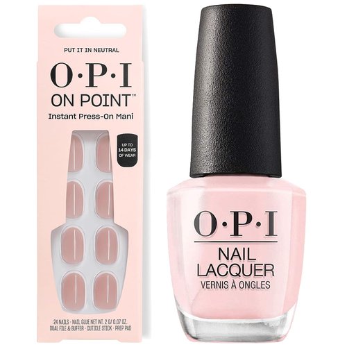 OPI Nail Lacquer & Press-On Nails Bundle - Sheer Soft Short Round 24 Count with Glue & Matching Polish