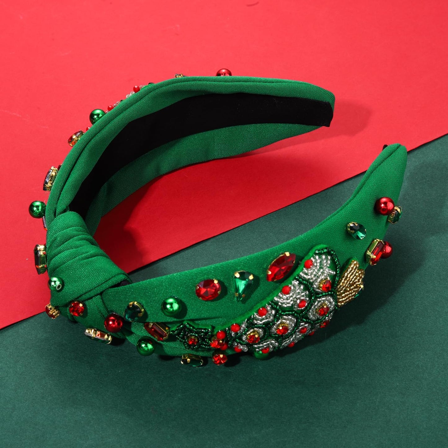 HSWE Christmas Headband for Women Xmas Tree Bow Snowflake Crystal Knotted Headband Rhinestone Embellished Top Knot Hairband