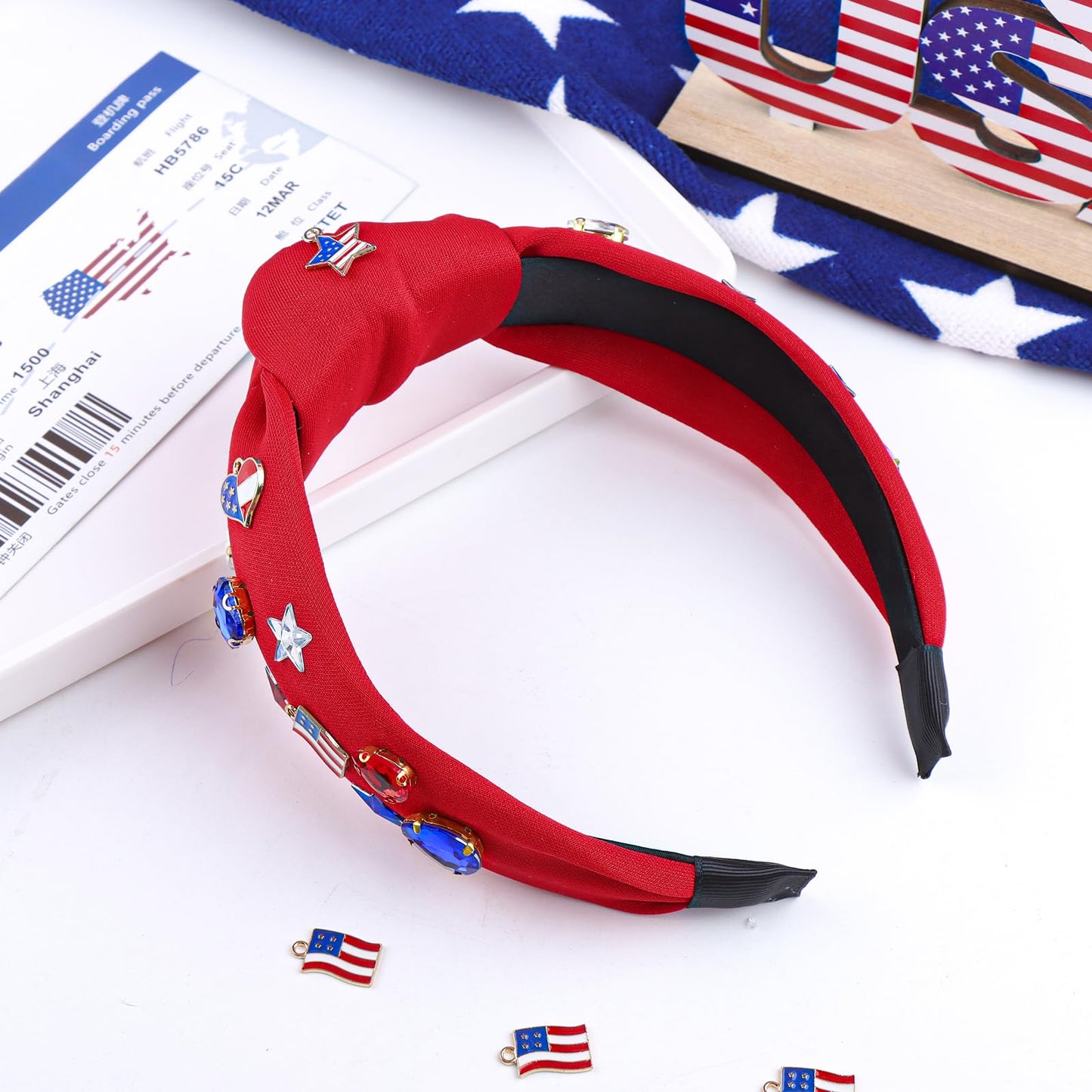 YanJie 4th of July Patriotic Headbands for Women American Flag Headband Rhinestone Crystal Star USA Knottted Headbands Red and Blue Wide Hairband Hair Accessories Gift Red