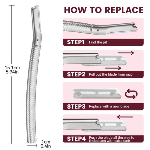Regine Switzerland Eyebrow Razor & Face Razor - Reusable Metal Handle with 12 Blades & Silicone Cap | Silver