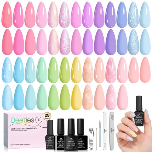 Beetles Pastel Gel Polish Set - Rainbow Dreamscape 25 Colors Spring Gel Polish Kit with Base Coat&Top Coat Soak Off UV Led Nail Set Pastel Glitter Colors Nail Art Kit Easter Gifts for Women&Girls